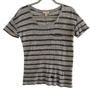Burberry Brit Grey Striped 100% Linen Pocket Tee XS Logo Short Sleeve Top